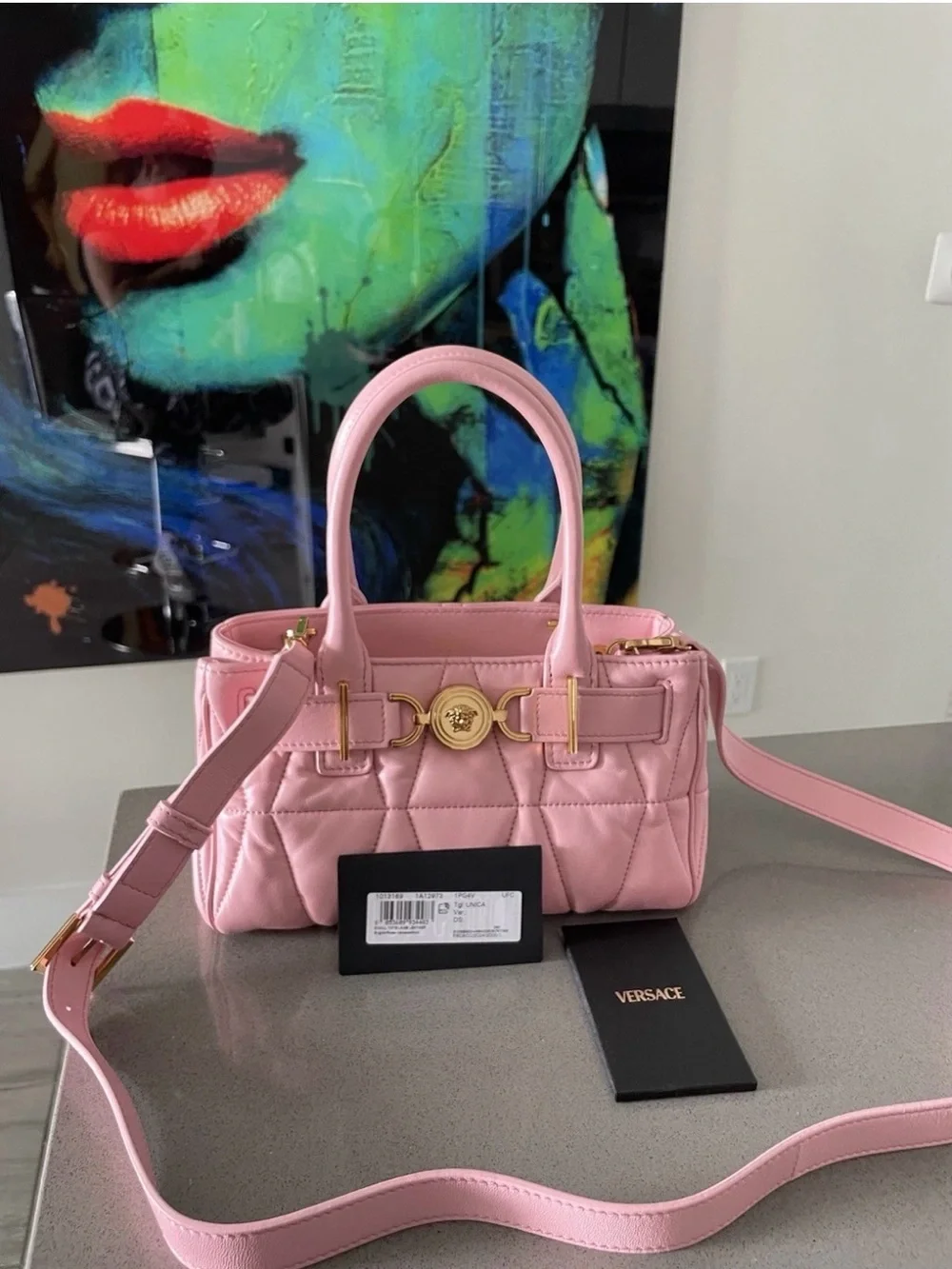 Versace Pink Quilted Leather Satchel with Gold Medusa Hardware